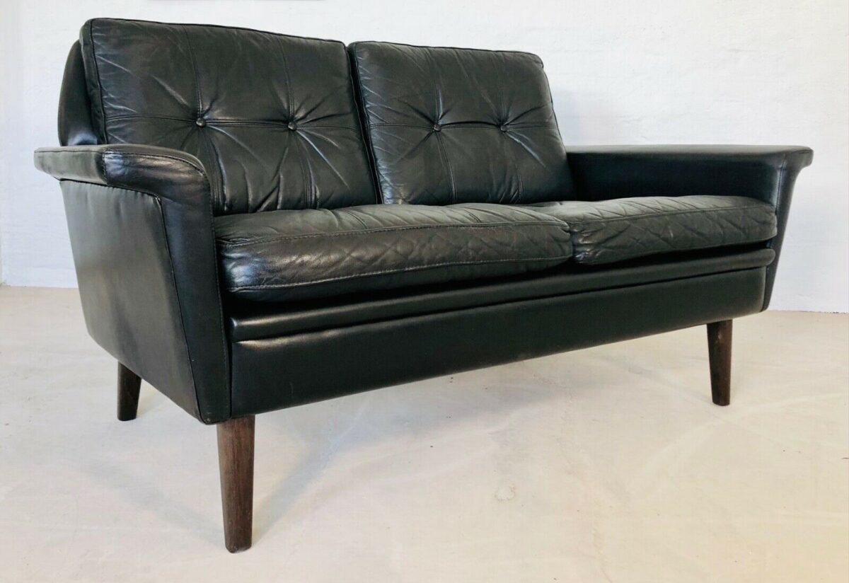Vintage Danish Mid Century Svend Skipper Black Leather 2 Person Sofa 1965