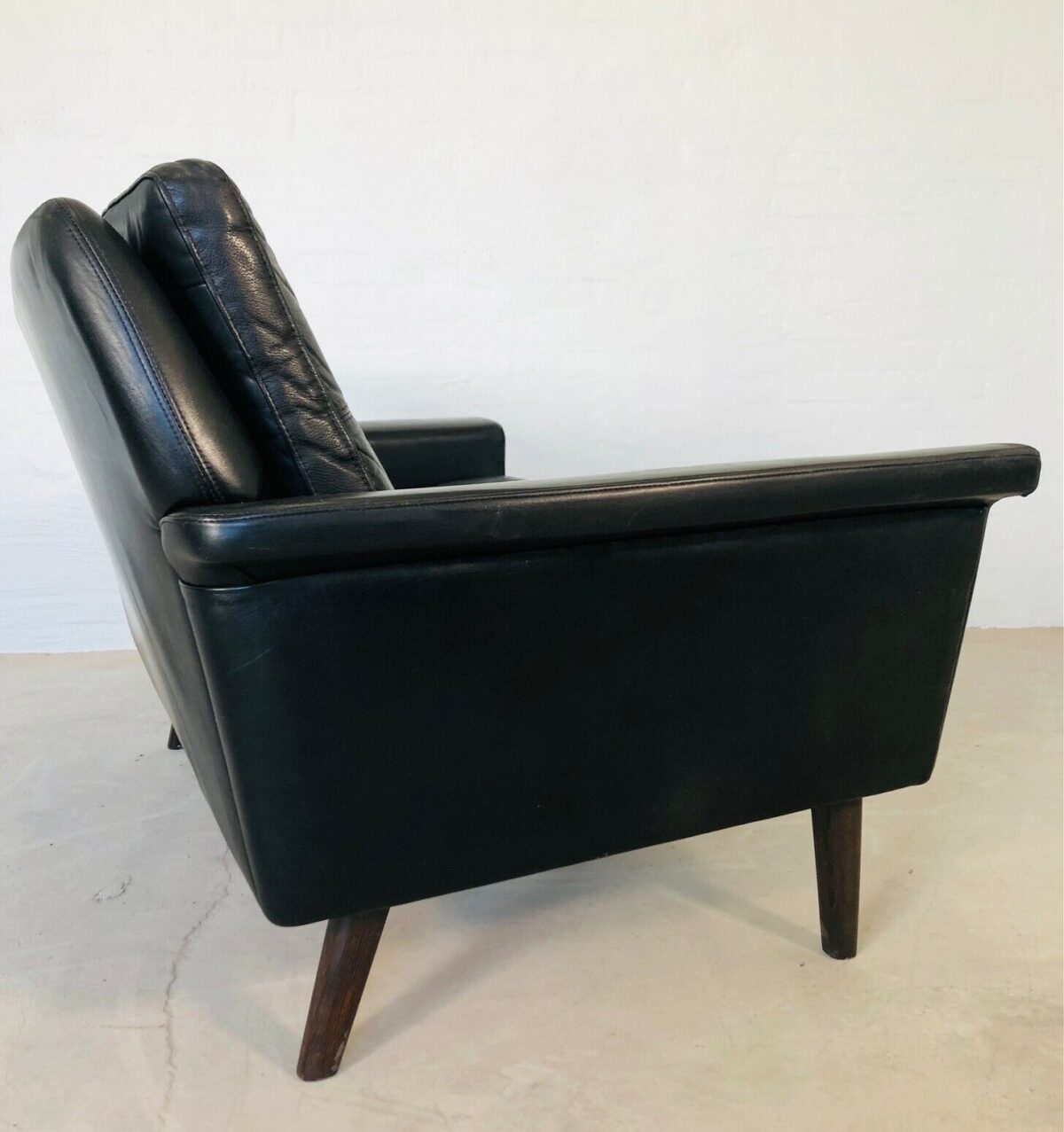 Vintage Danish Mid Century Svend Skipper Black Leather 2 Person Sofa 1965