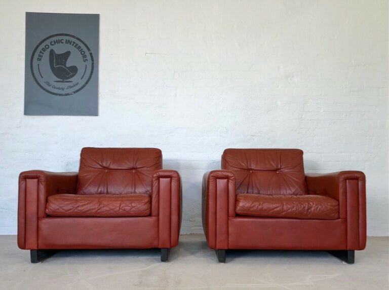 image Vintage Danish Mid Century Cognac Leather Lounge Chairs 1970's