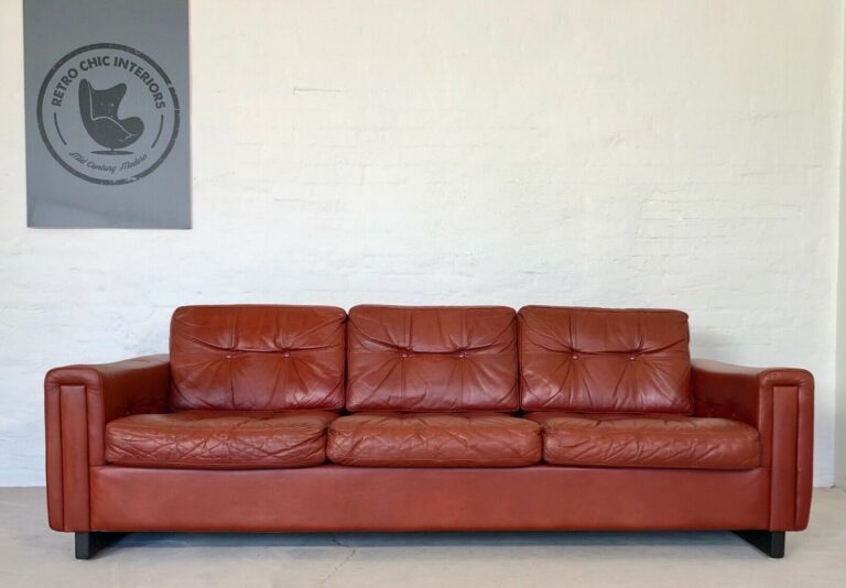 Vintage Danish Mid Century Cognac Leather 3 Person Sofa 1970's