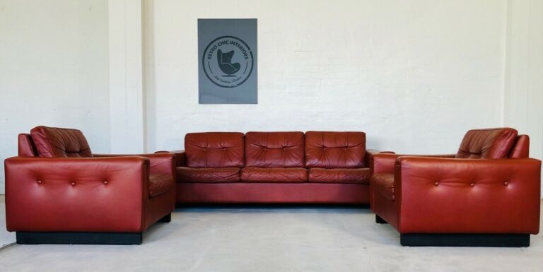 Vintage Danish Mid Century Cognac Leather 3 Person Sofa & Lounge Chair Set