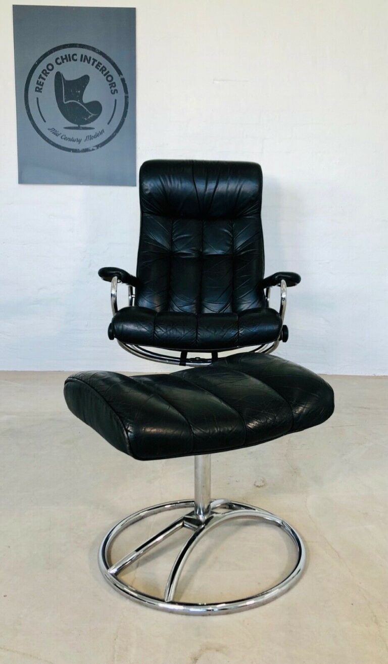 image Vintage Norwegian Ekornes Stressless Lounge Chair & Footstool In Black Leather