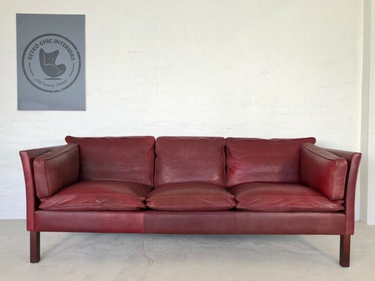 Vintage Danish Mid Century Mogens Hansen 3 Person Dark Cognac Leather Sofa