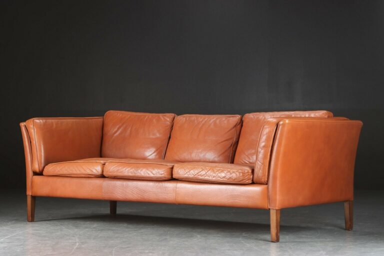 Vintage Danish Mid Century Mogens Hansen 3 Person Cognac Leather Sofa