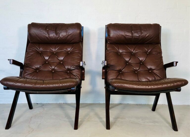 Vintage Norwegian Mid Century Foldng Leather Lounge Chairs By Ingmar Relling