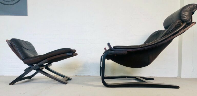 Vintage Swedish Leather Lounge Chair & Stool By Ake Fribytter For Nelo Sweden