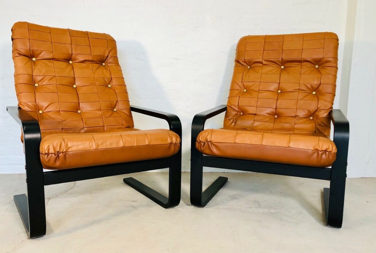 Vintage Danish Mid Century Lounge Chairs In Cognac Faux Leather And Rosewood