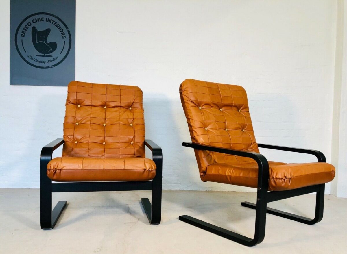 Vintage Danish Mid Century Lounge Chairs In Cognac Faux Leather And Rosewood
