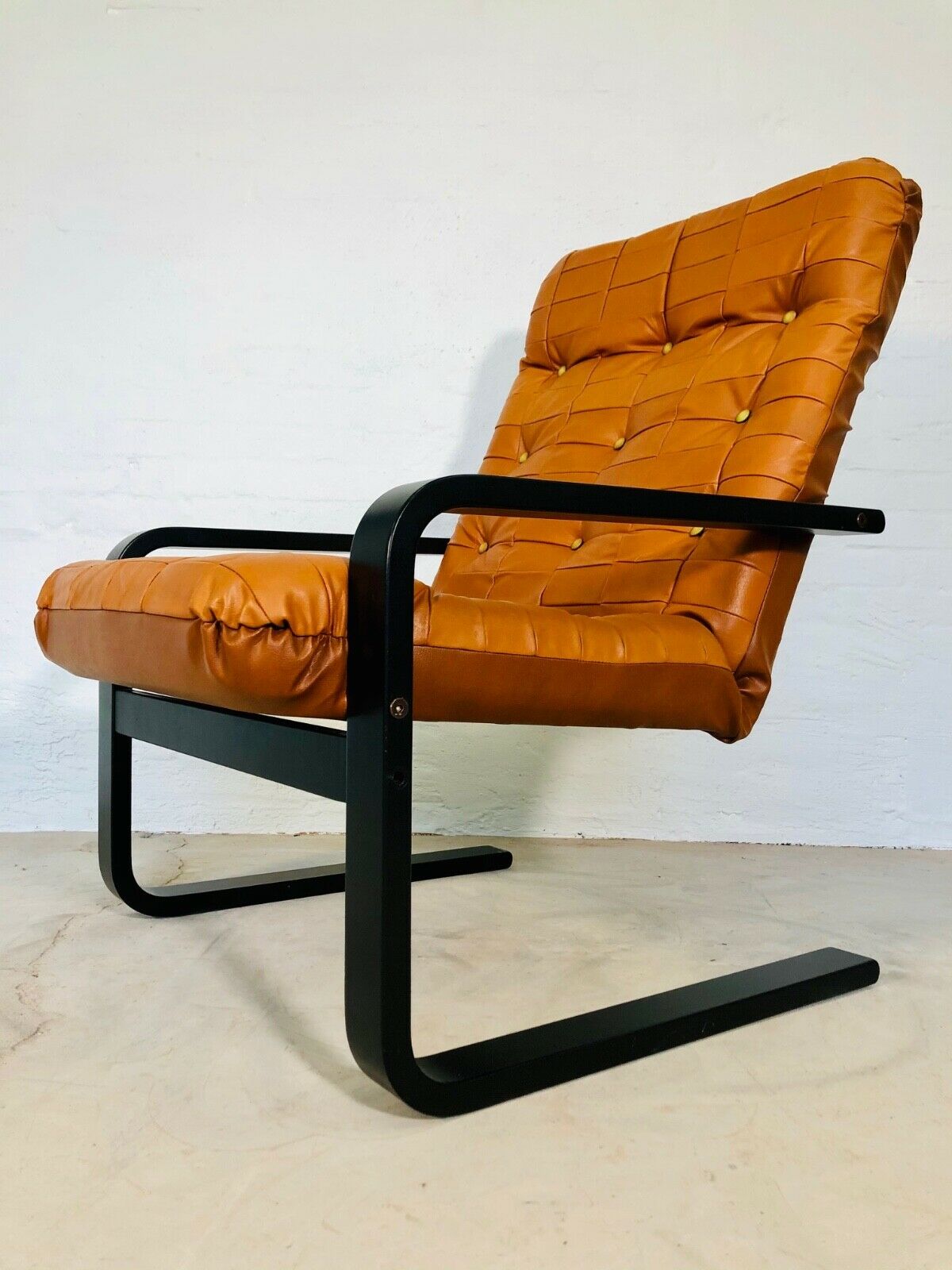 Vintage Danish Mid Century Lounge Chairs In Cognac Faux Leather And Rosewood