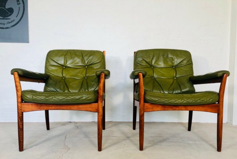 image Vintage Swedish Mid Century Olive Green Leather Lounge Chairs By Gote Mobler