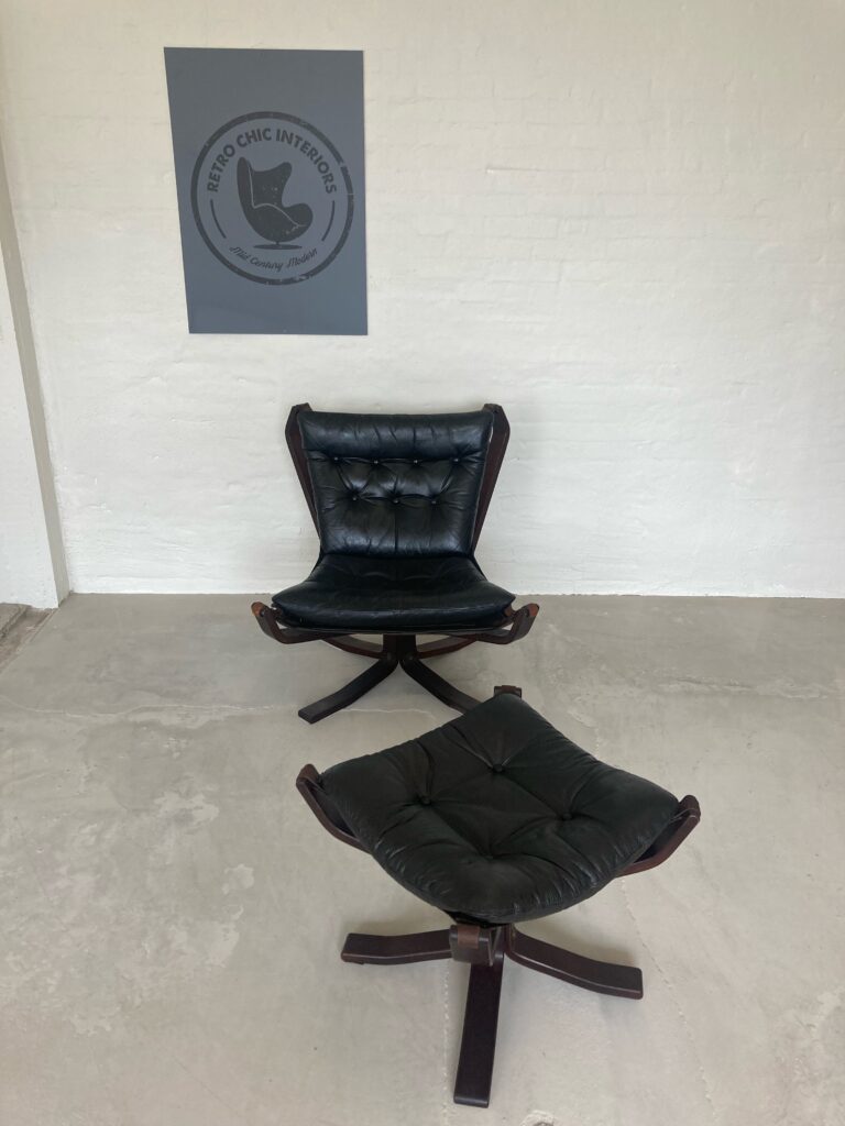 Vintage Danish Sigurd Resell Leather Falcon Chair footstool & matching slate topped table.