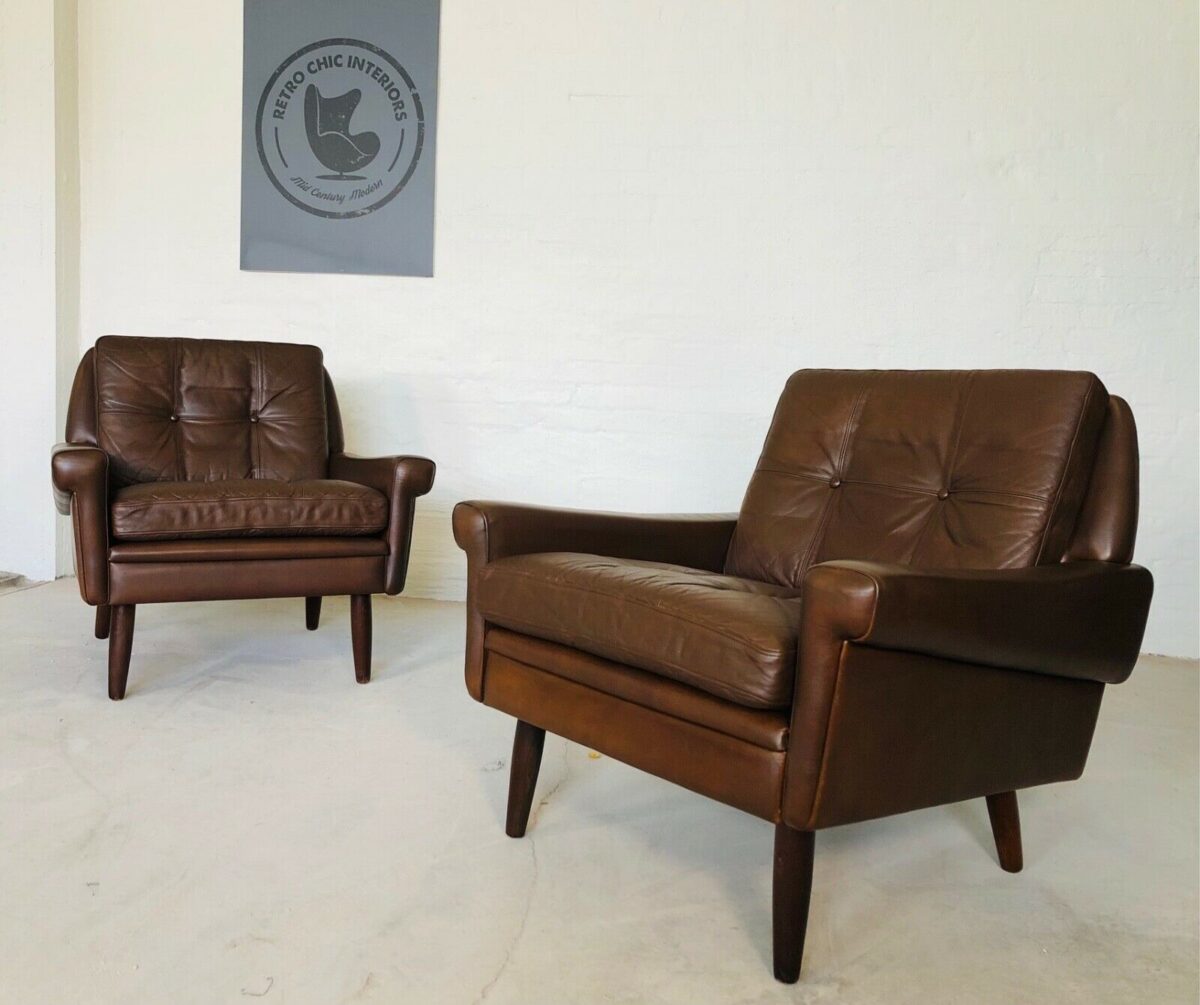 Vintage Danish Mid Century Svend Skipper Leather Lounge Chairs 1965