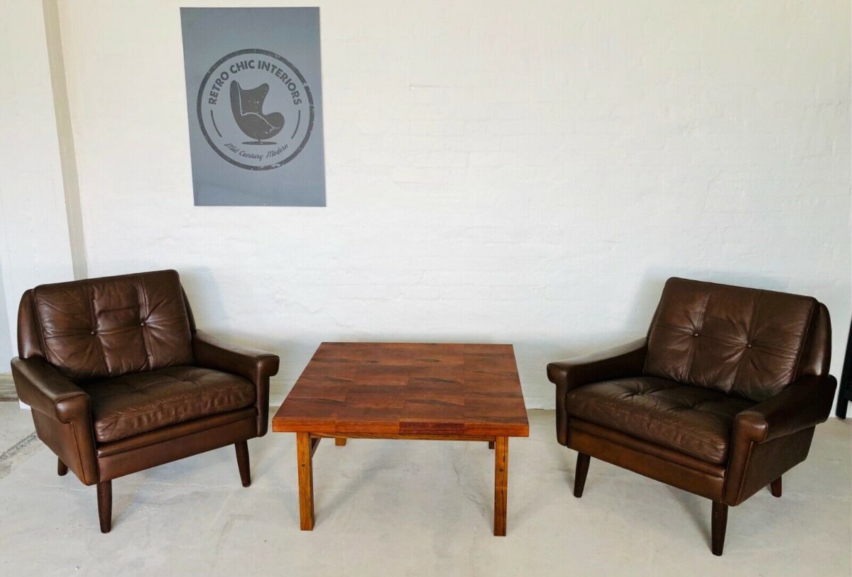 Vintage Danish Mid Century Svend Skipper Leather Lounge Chairs 1965