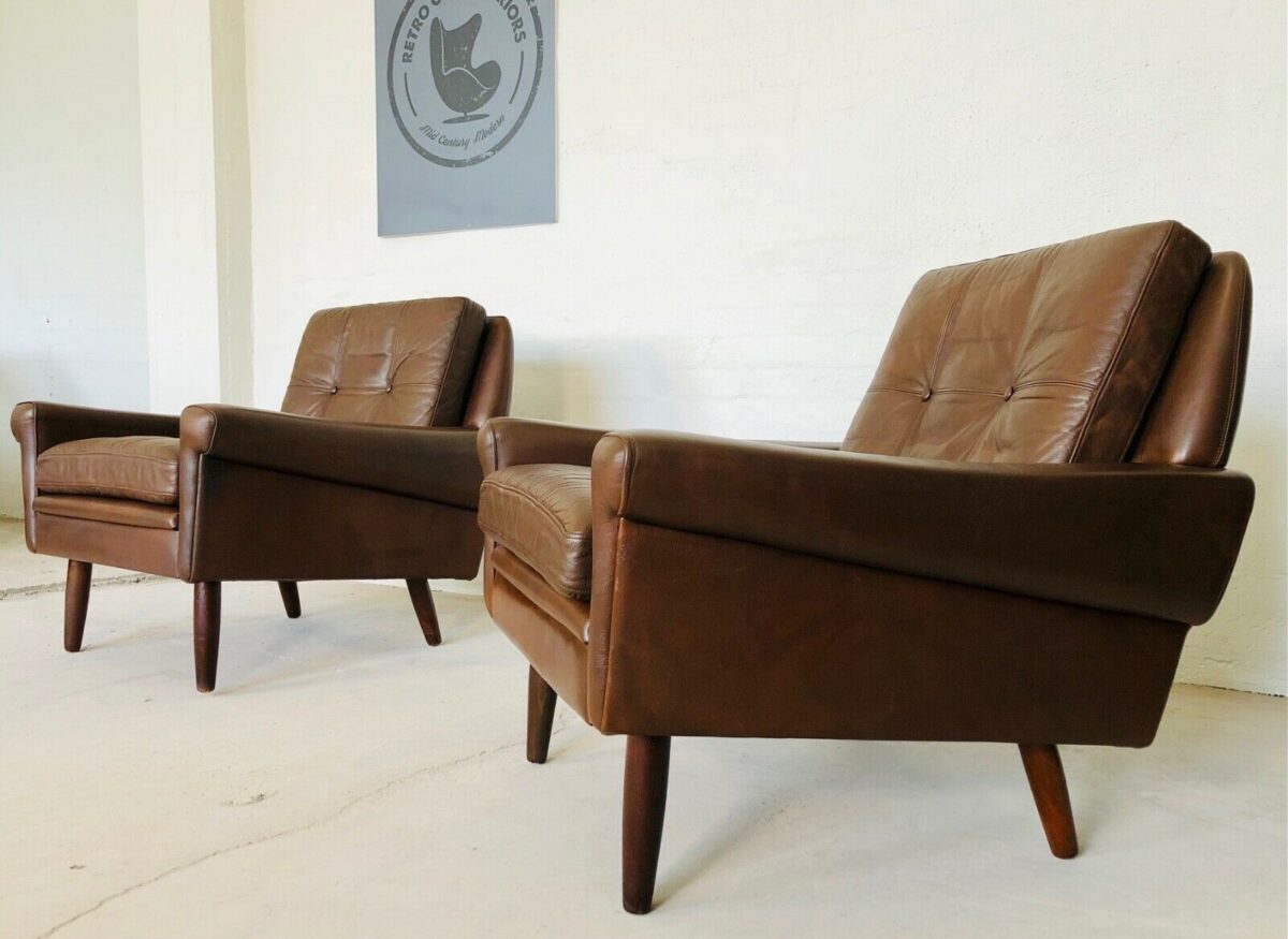 Vintage Danish Mid Century Svend Skipper Leather Lounge Chairs 1965