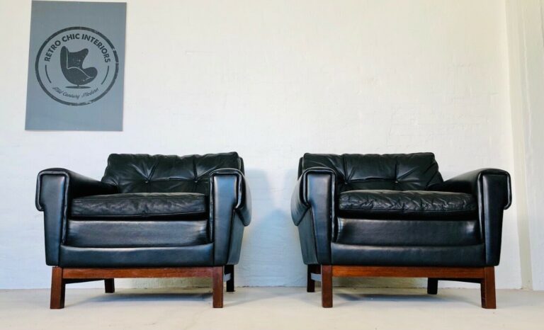 Vintage Danish Mid Century Black Leather Thams Lounge Chairs 1975