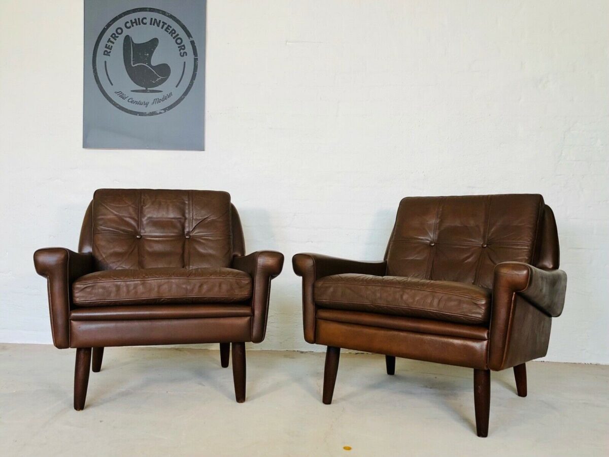 Vintage Danish Mid Century Svend Skipper Leather Lounge Chairs 1965