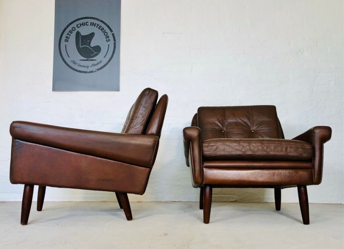 Vintage Danish Mid Century Svend Skipper Leather Lounge Chairs 1965