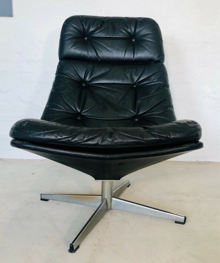 Vintage Danish Mid Century Black Leather Lounge Chair 1960's