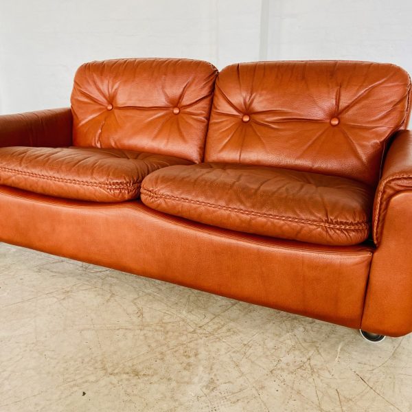 IMG_1377 Vintage Danish Mid Century 2 Person Sofa In Cognac Leather 1970's