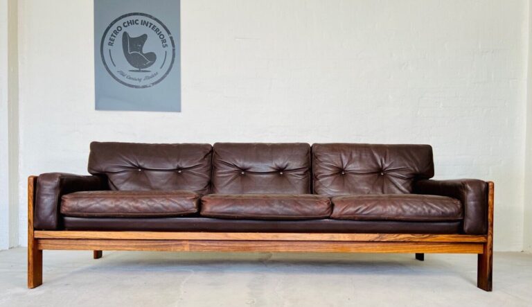 Vintage Retro Sigurd Resell Chocolate Brown Leather & Rosewood 3 Person Sofa