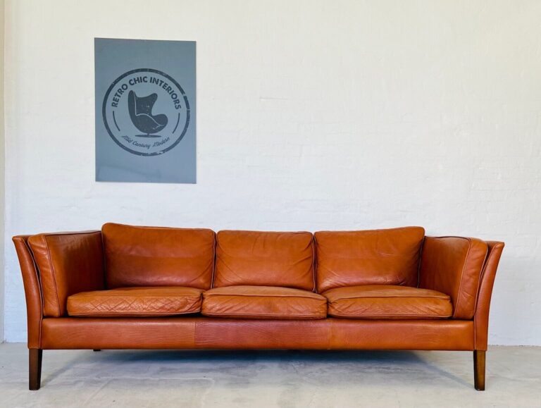 Vintage Danish Mid Century Mogens Hansen 3 Person Cognac Leather Sofa