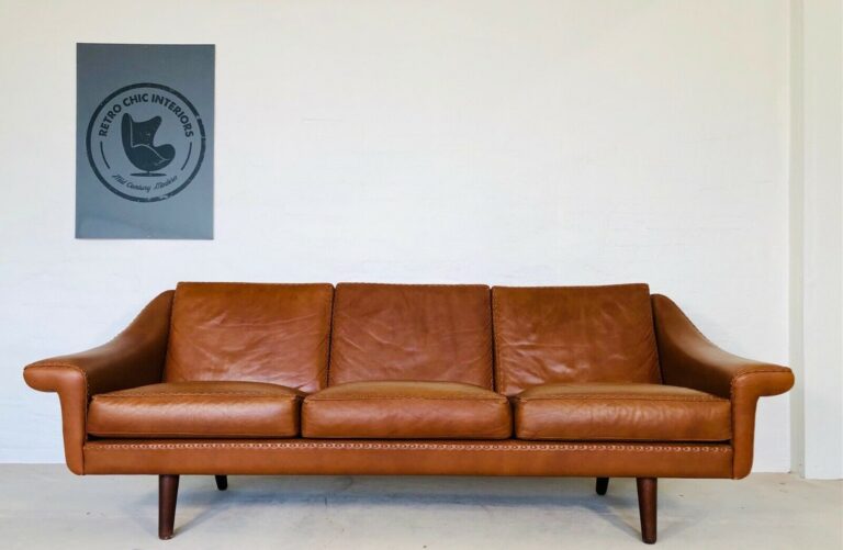 Vintage Danish Mid Century Aage Christiansen 3 Person Cognac "Matador" Sofa