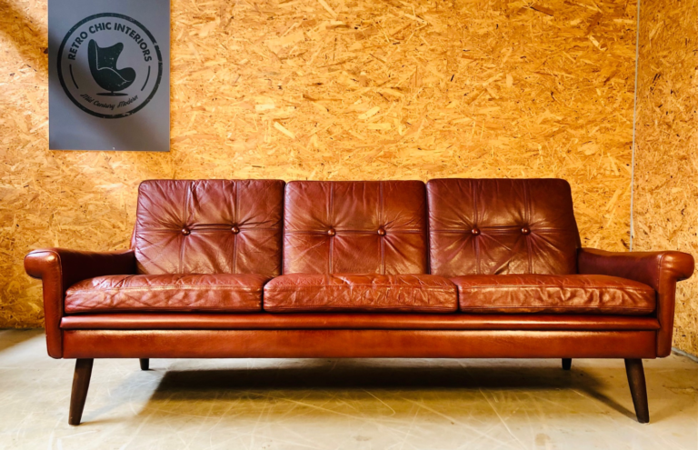 Vintage Danish Mid Century Svend Skipper 3 Person Dark Cognac Sofa 1965