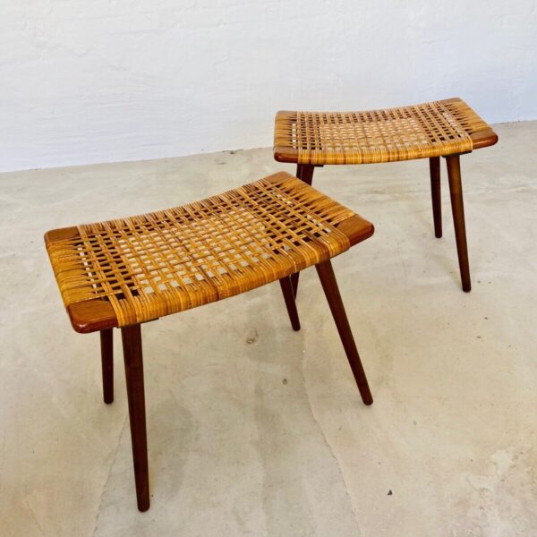 image Vintage Danish Footstool / Ottoman By Ølholm Møbelfabrik With Teak Frame & Ratta