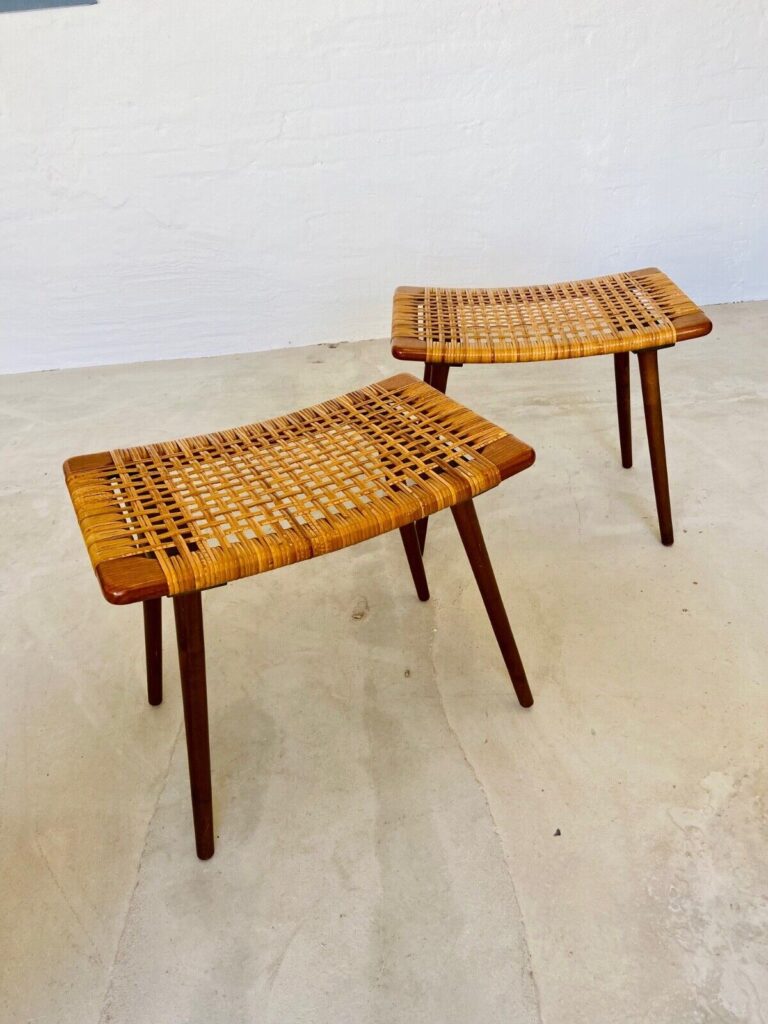 Vintage Danish Footstool / Ottoman By Ølholm Møbelfabrik With Teak Frame & Ratta