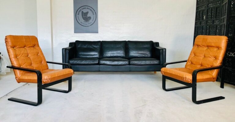 Vintage Danish Mid Century Modern Black Leather "Stouby" Sofa
