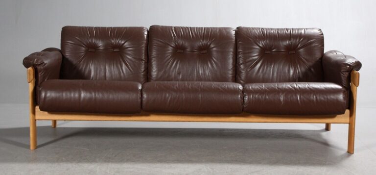 Vintage Danish Mid Century 3 Person Brown Leather Sofa By Bramin 1960's