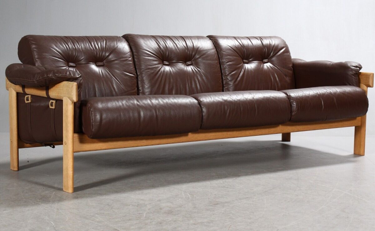 Vintage Danish Mid Century 3 Person Brown Leather Sofa By Bramin 1960's