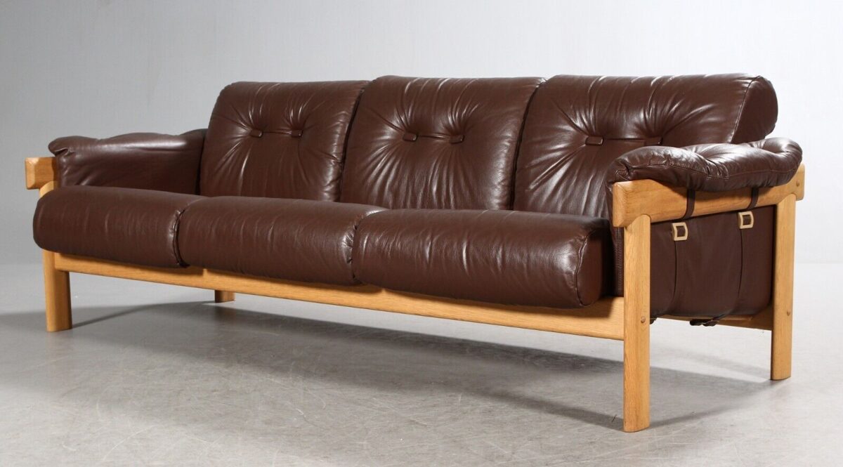 Vintage Danish Mid Century 3 Person Brown Leather Sofa By Bramin 1960's