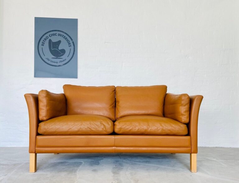 Vintage Danish Mogens Hansen 2 Person Cognac Leather Sofa