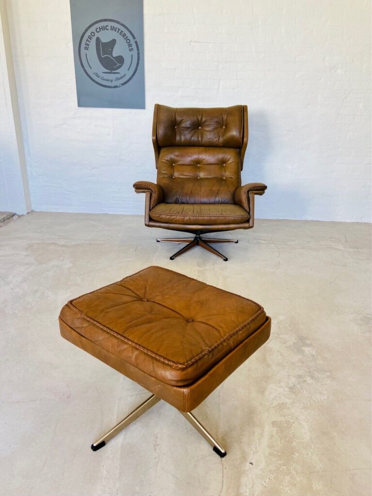 Vintage Retro Sigurd Resell Leather Lounge Chair & Footstool 1970's