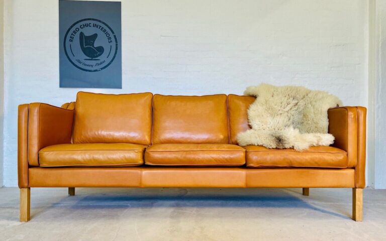 Vintage Danish Mogens Hansen 3 Person Cognac Leather Sofa