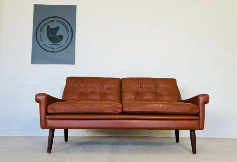 Vintage Danish Mid Century Svend Skipper 2 Person Cognac Sofa 1965