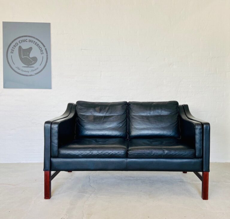 Vintage Danish Mid Century Black Leather 2 Person Sofa By Skipper Furniture