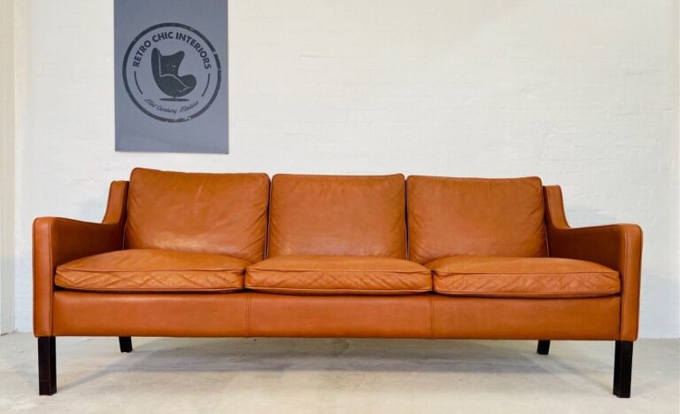 Vintage Danish Mid Century 3 Person Cognac Leather Sofa By Stouby 1970's