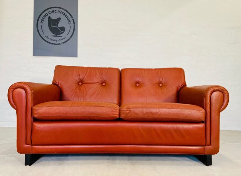 Vintage Retro Danish Mid Century 2 Person Cognac Leather Sofa. 1960's
