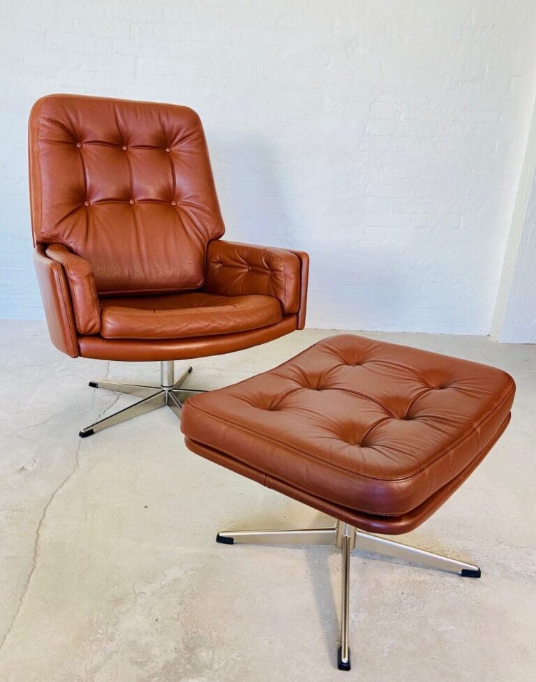Vintage Danish Mid Century Svend. Skipper Leather Lounge Chair & Stool 1970's