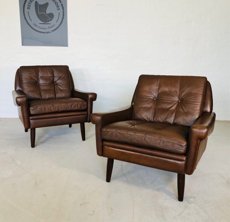 Vintage Danish Mid Century Svend Skipper Lounge Chairs In Brown Leather