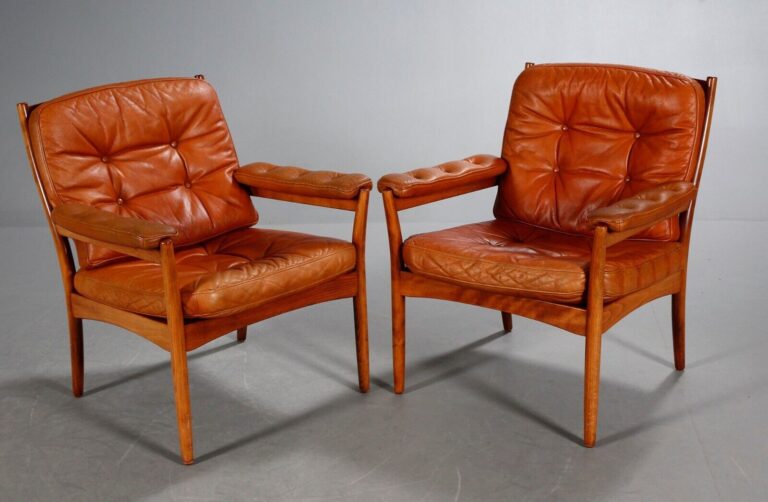 Vintage Swedish Mid Century Cognac Leather Lounge Chairs by Gote Mobler