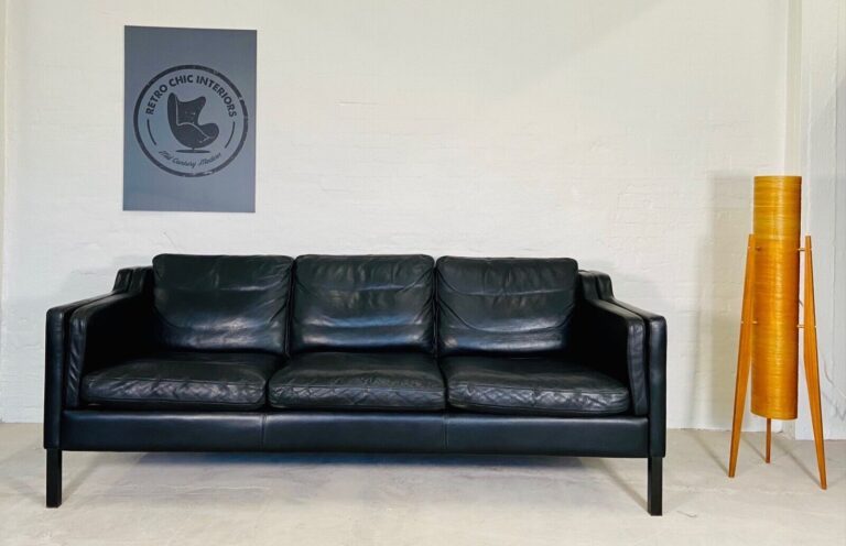 Vintage Danish Mid Century Stouby 3 Person Black Leather Sofa
