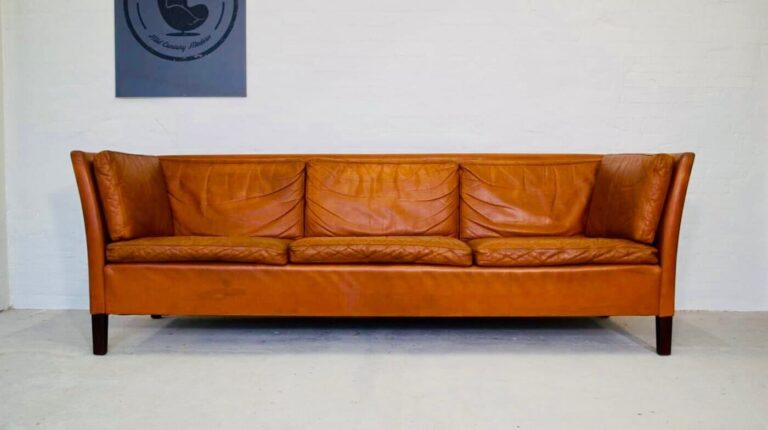 Vintage Danish Mid Century 3 Person Cognac Leather Sofa