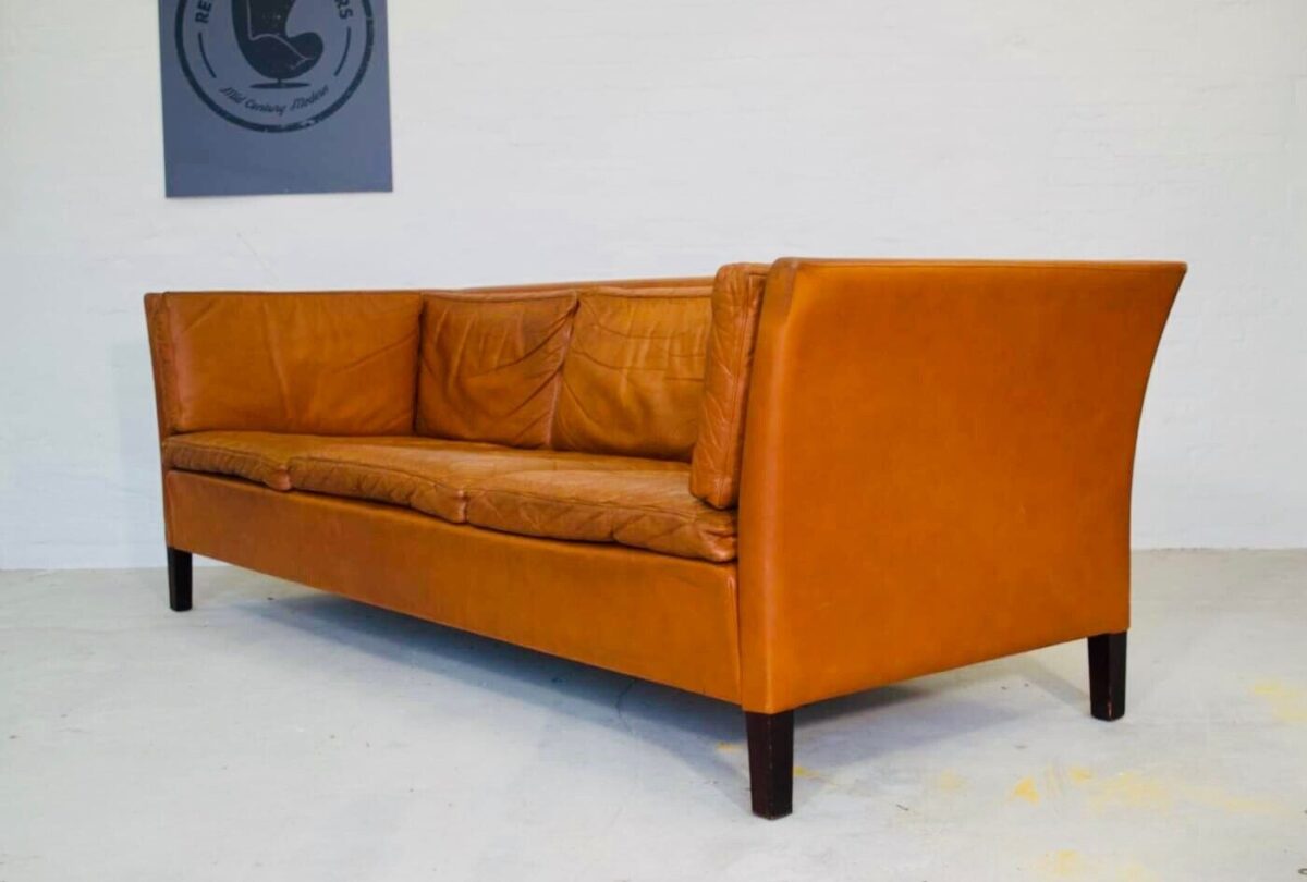 Vintage Danish Mid Century 3 Person Cognac Leather Sofa