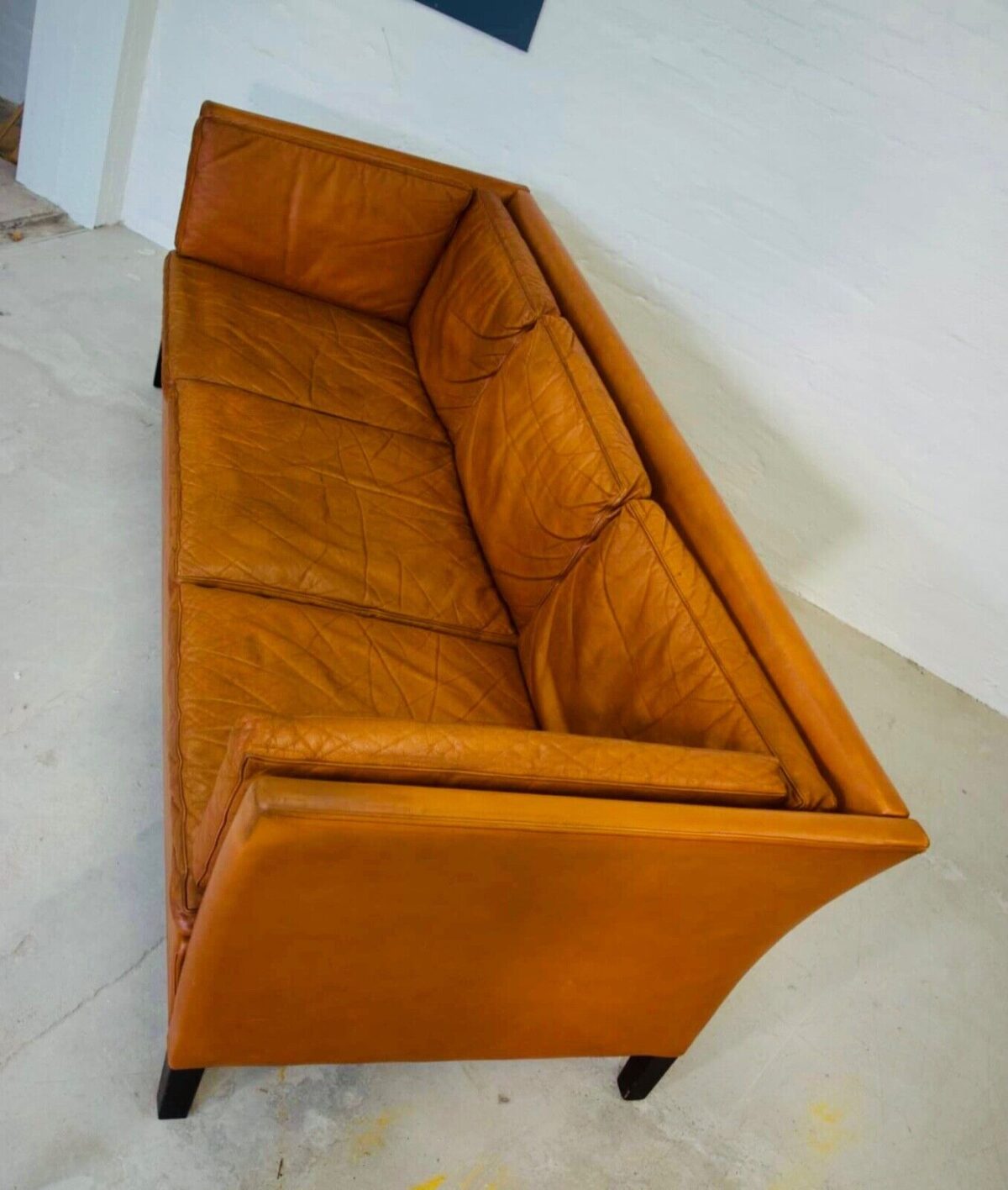 Vintage Danish Mid Century 3 Person Cognac Leather Sofa