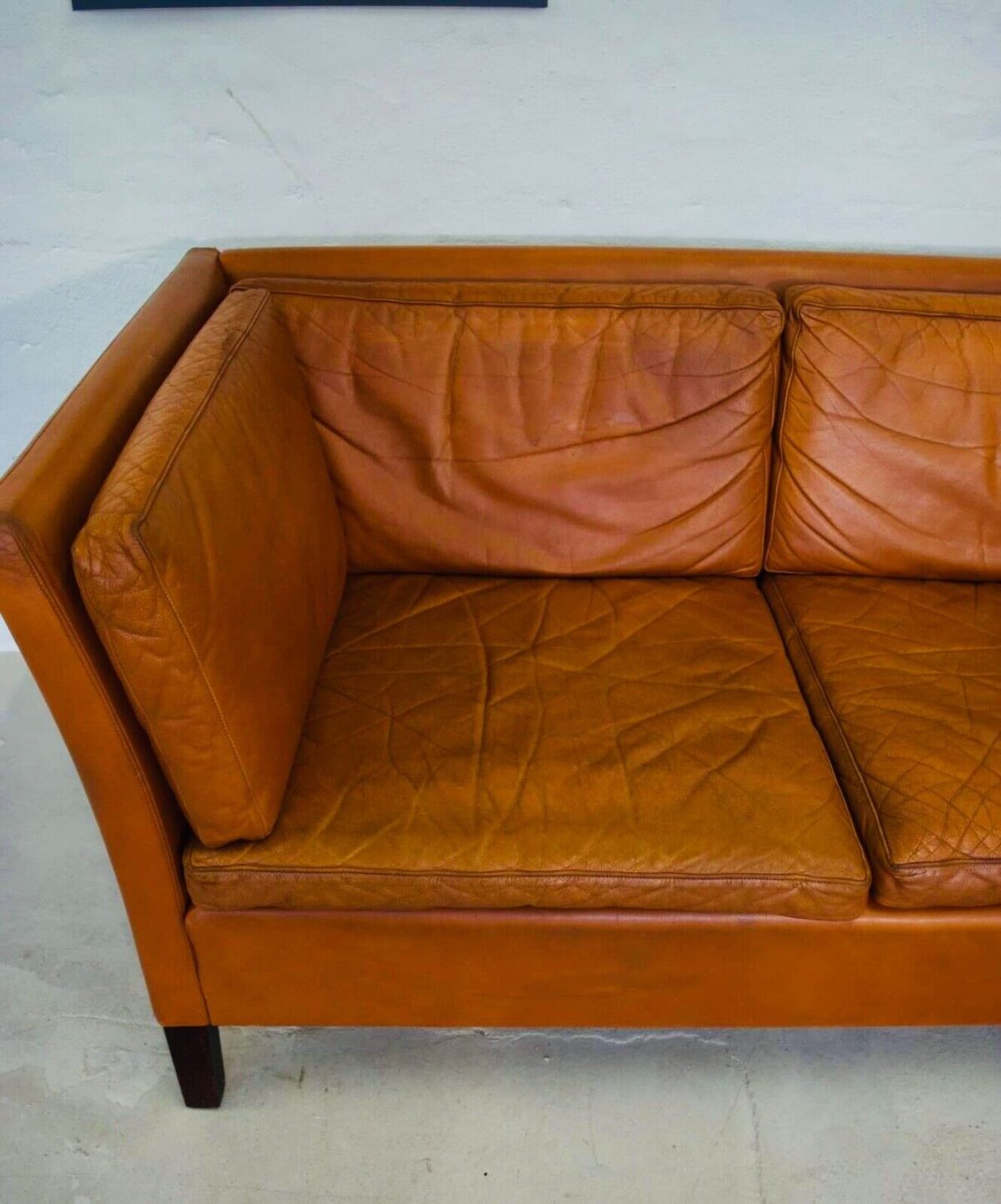 Vintage Danish Mid Century 3 Person Cognac Leather Sofa