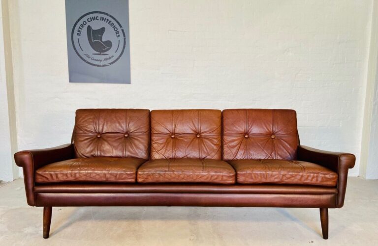 Vintage Danish Mid Century Svend Skipper 3 Person Sofa In Brown Leather