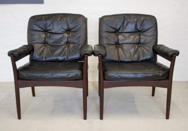 Vintage Swedish Mid Century Black Leather Lounge Chairs by Gote Mobler